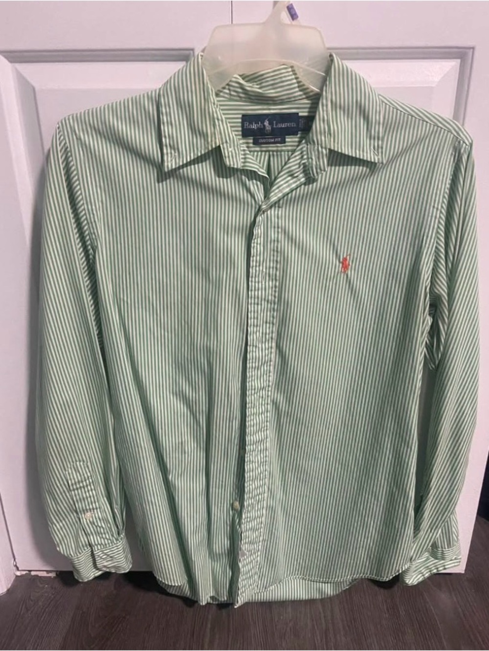 Ralph Lauren Men’s Light Green and White Striped Button-Down Shirt